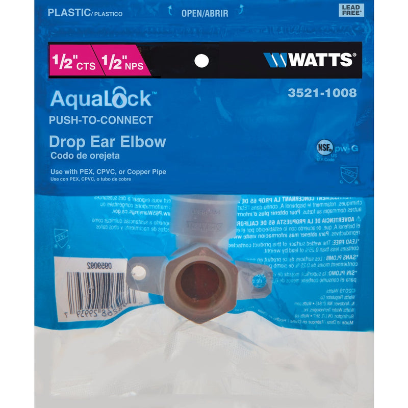 Watts 1/2 In. CTS x 1/2 In. FPT 90 Deg. Quick Connect Drop Ear Plastic Elbow (1/4 Bend)