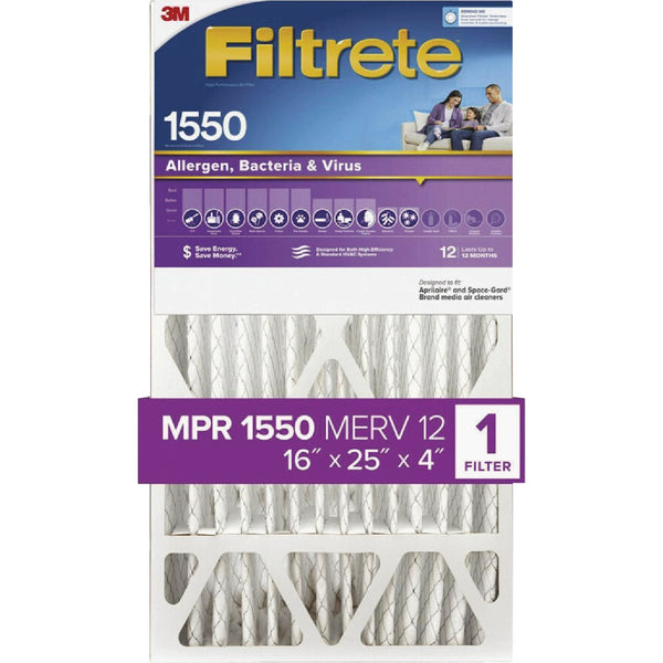 Filtrete 16 In. x 25 In. x 4 In. 1550 MPR Allergen, Bacteria & Virus Deep Pleat Furnace Filter, MERV 12