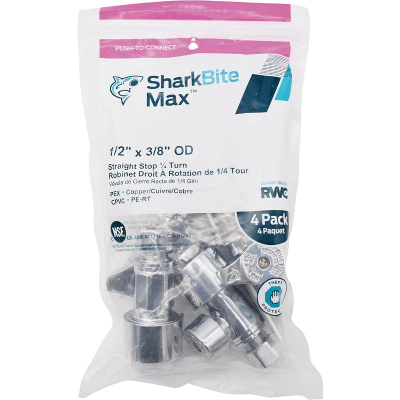 SharkBite 1/2 In. x 3/8 In. Compression Brass Straight Stop Valve (4-Pack)