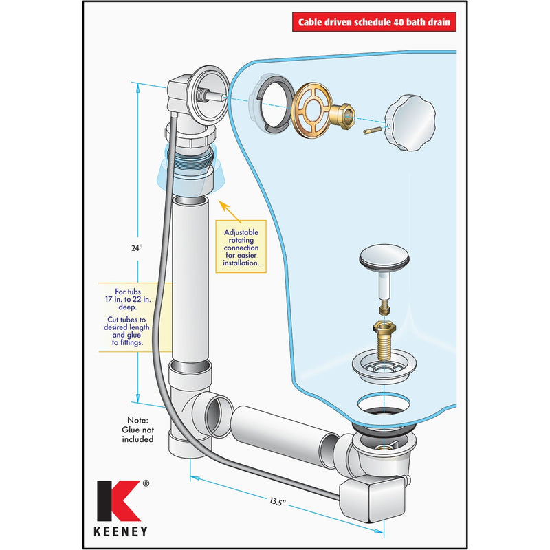 Keeney Schedule 40 PVC Cable Drive Bath Drain with Polished Chrome Trim