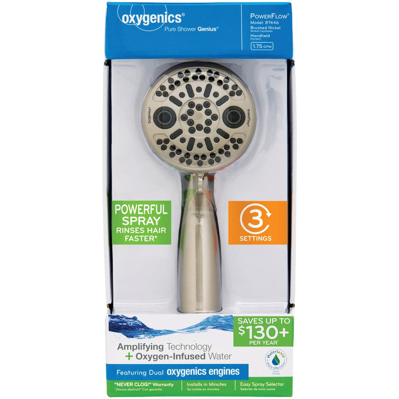 Oxygenics PowerFlow 3-Spray 1.75 GPM Handheld Shower Head, Brushed Nickel
