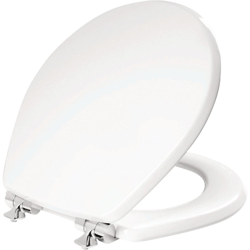 Mayfair Benton Round White Enameled Wood Toilet Seat with Slow Close Chrome Metal Hinge