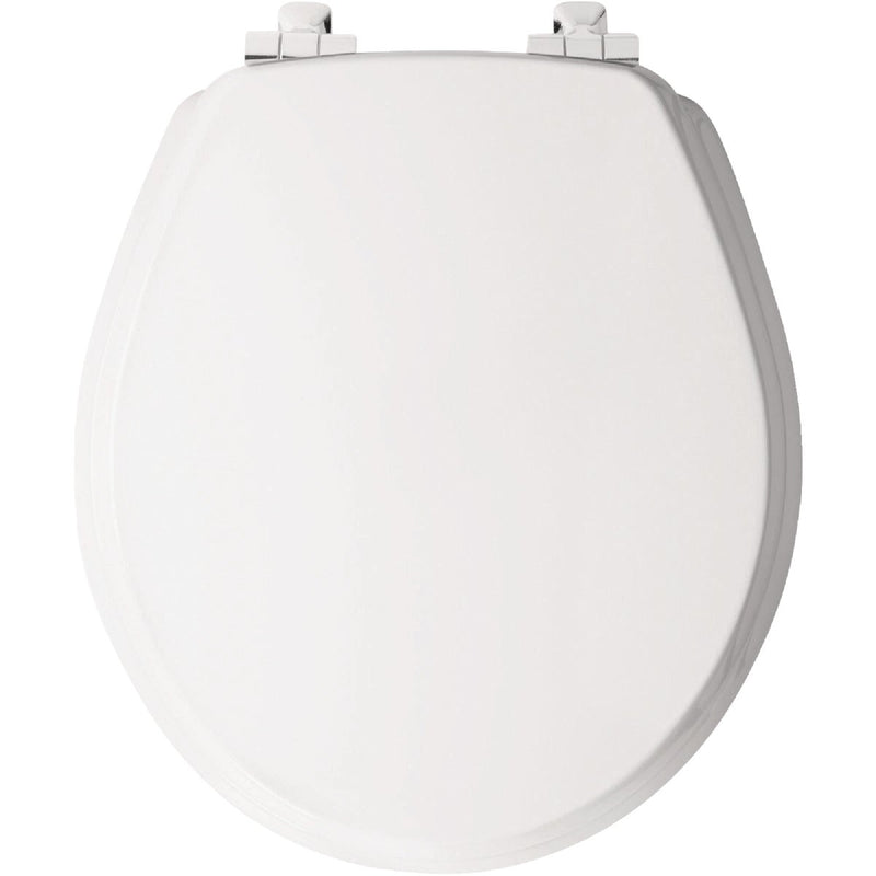 Mayfair Benton Round White Enameled Wood Toilet Seat with Slow Close Chrome Metal Hinge