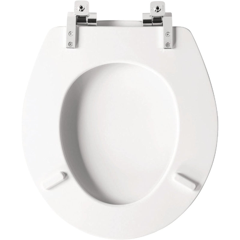 Mayfair Benton Round White Enameled Wood Toilet Seat with Slow Close Chrome Metal Hinge