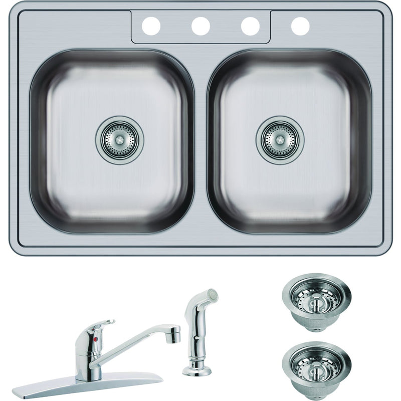 Elkay Dayton Double Bowl 33 In. x 22 In. x 7-1/16 In. Deep Stainless Steel Kitchen Sink and Faucet Kit, Drop-In