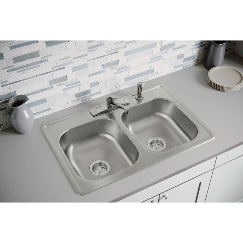 Elkay Dayton Double Bowl 33 In. x 22 In. x 7-1/16 In. Deep Stainless Steel Kitchen Sink and Faucet Kit, Drop-In