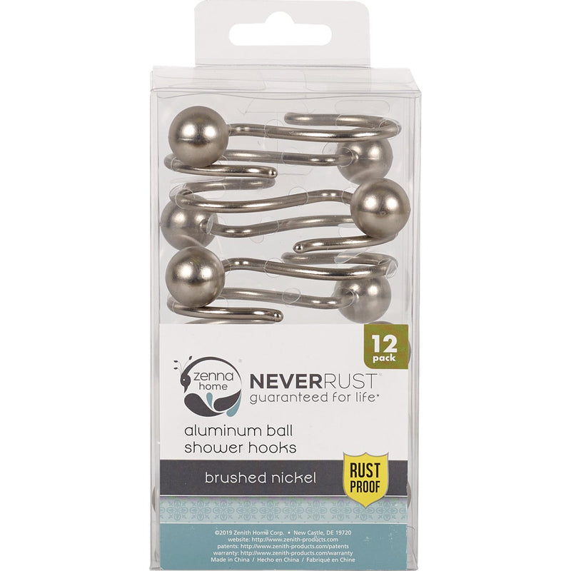 Zenna Home Brushed Nicklel Aluminum Shower Shower Curtian Ball Hook (12-Count)