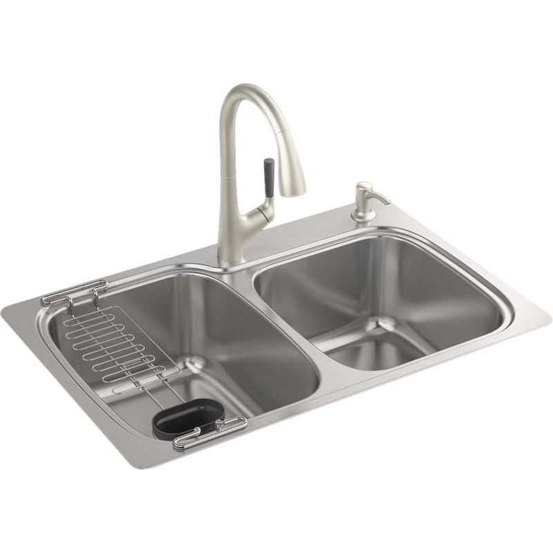 Kohler All-in-One Double Bowl 33 In. x 22 In. x 9 In. Deep Stainless Steel Kitchen Sink Kit, Drop-In/Under Mount