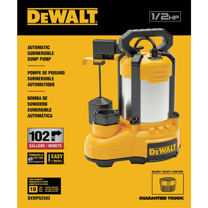 DEWALT 1/2 HP Submersible Stainless Steel /Cast Iron Submersible Sump Pump with Vertical Float Switch