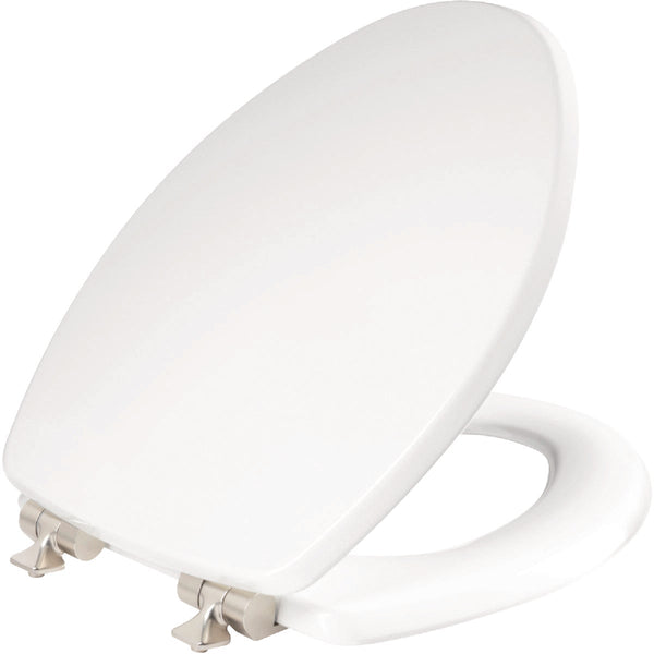 Mayfair Benton Elongated White Enameled Wood Toilet Seat with Slow Close Brushed Nickel Metal Hinge