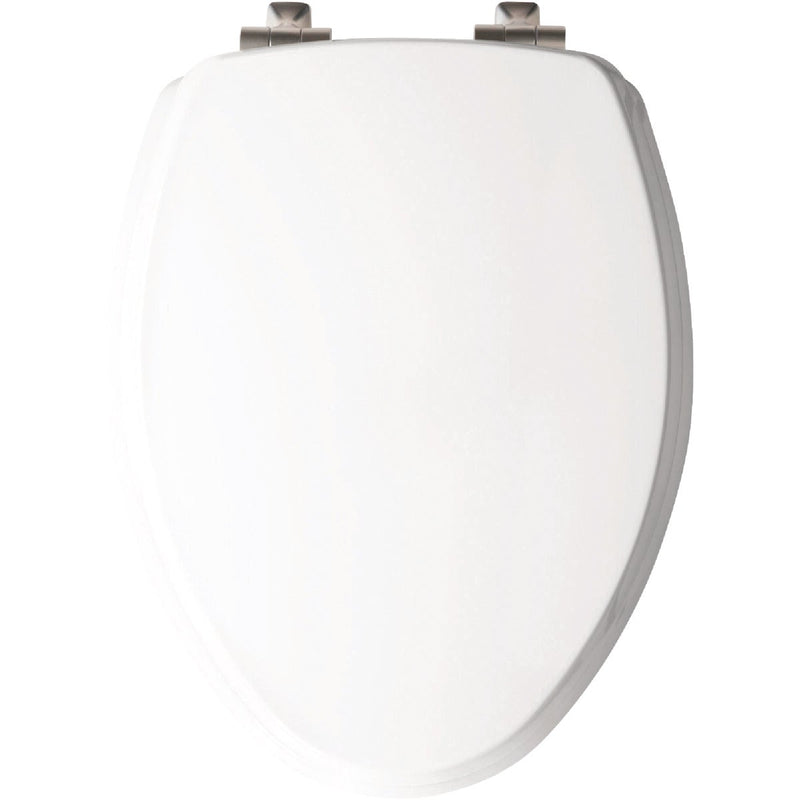 Mayfair Benton Elongated White Enameled Wood Toilet Seat with Slow Close Brushed Nickel Metal Hinge