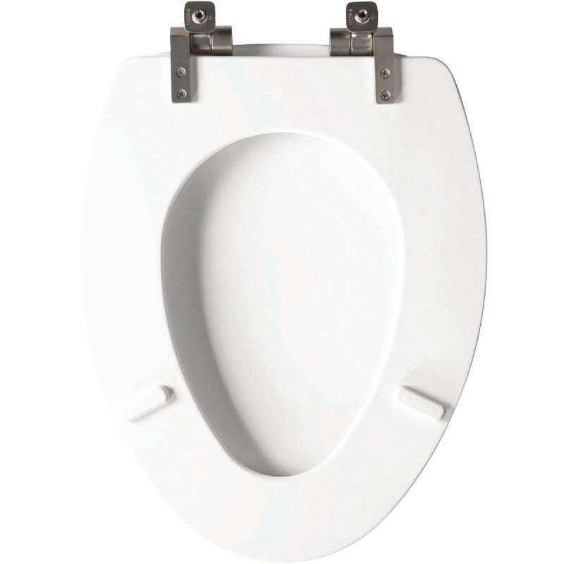 Mayfair Benton Elongated White Enameled Wood Toilet Seat with Slow Close Brushed Nickel Metal Hinge