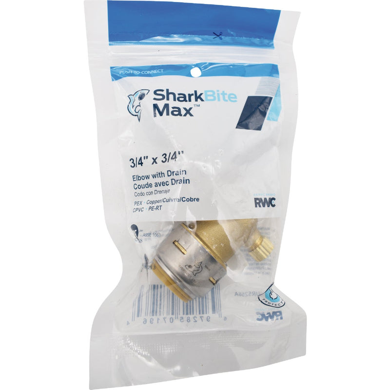 SharkBite 3/4 In x 3/4 In. 90 Deg. Push-to-Connect Brass Elbow with Drain