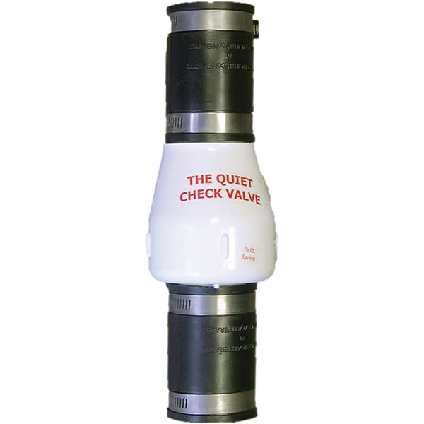 Campbell 1-1/2 In. White PVC Spring-Loaded Quiet Check Valve w/Two Sleeves & Four Hose Clamps