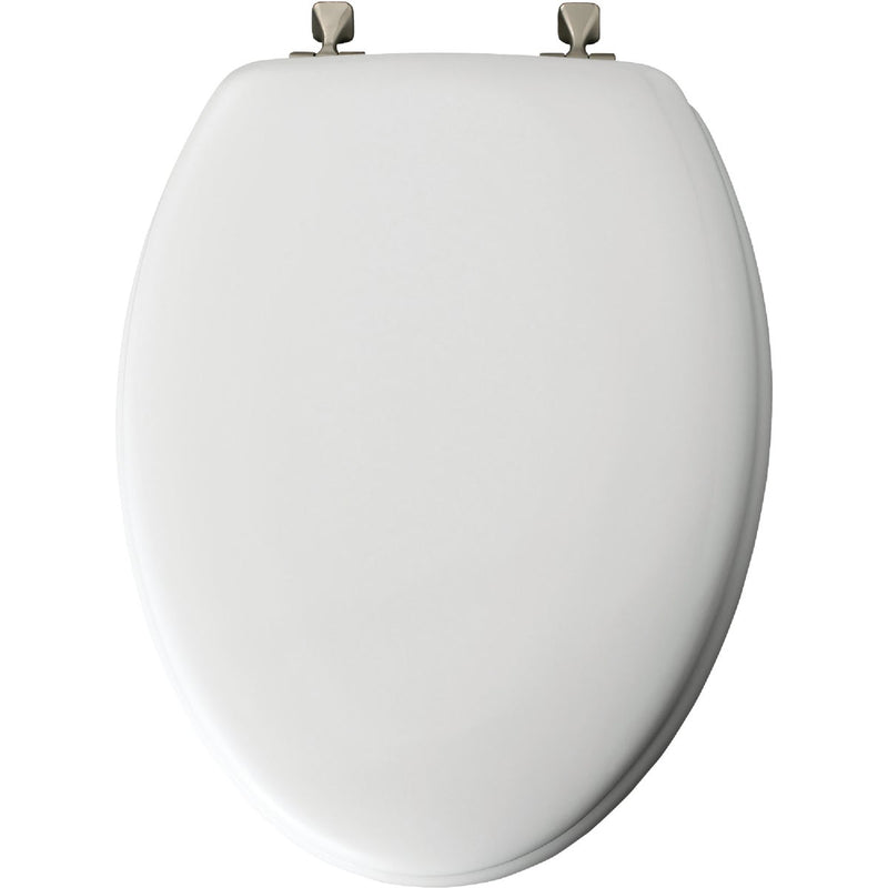 Mayfair Elongated Closed Front White Wood Toilet Seat with Brushed Nickel Hinges