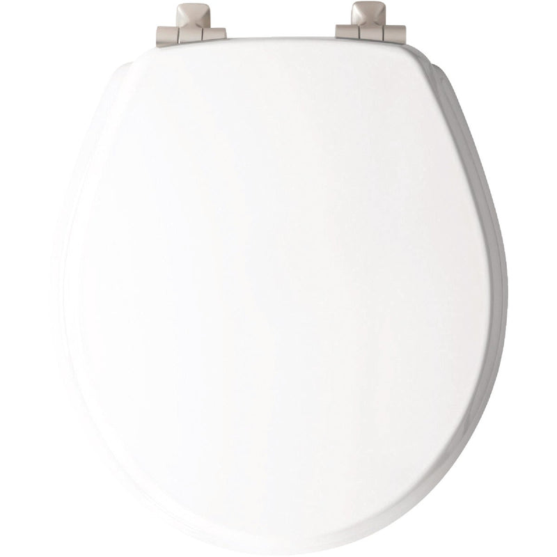 Mayfair Benton Round White Enameled Wood Toilet Seat with Slow Close Brushed Nickel Metal Hinge