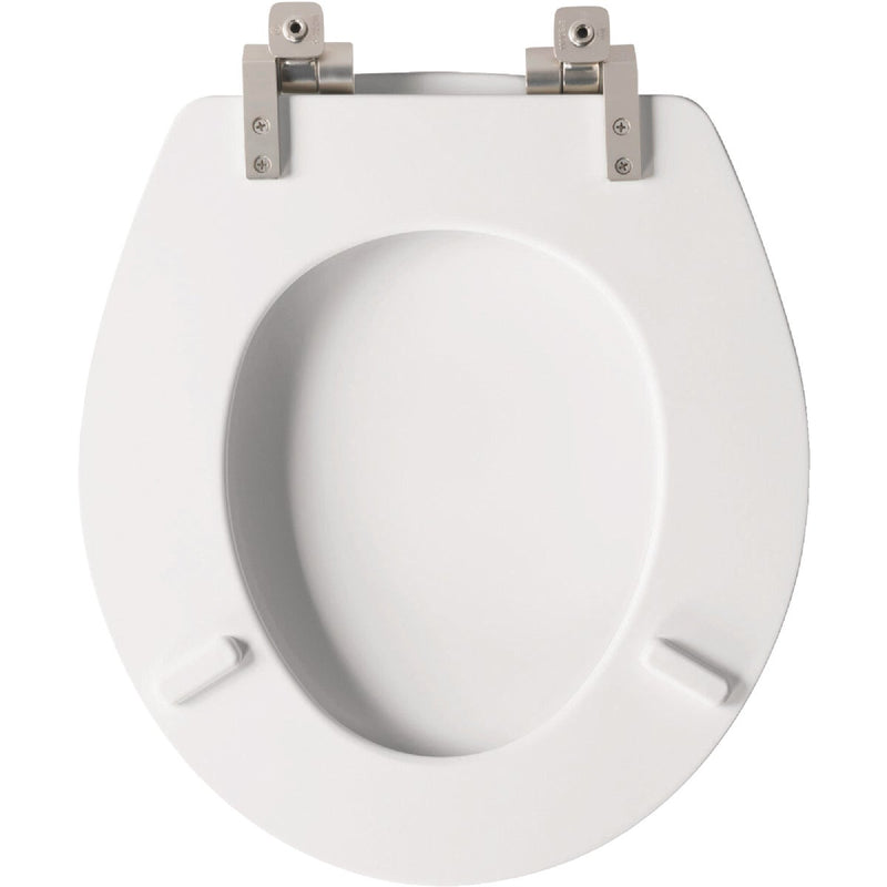 Mayfair Benton Round White Enameled Wood Toilet Seat with Slow Close Brushed Nickel Metal Hinge