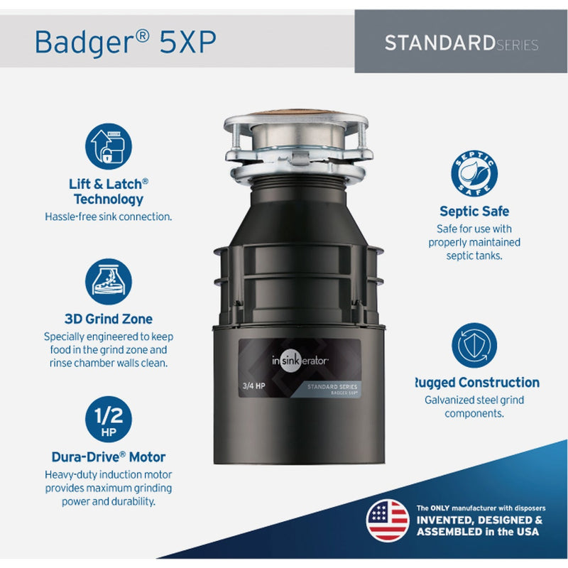Insinkerator Badger 5XP 3/4 HP Dura-Drive Garbage Disposer, 4 Year Warranty