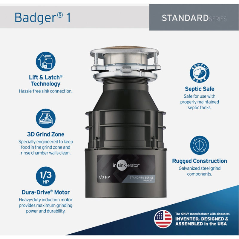 Insinkerator Badger 1/3 HP Garbage Disposer, 1 Year Warranty