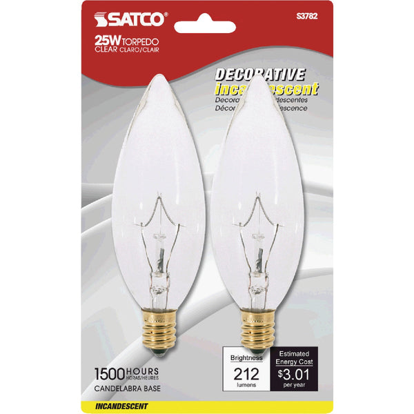 Satco 25W Clear Candelabra BA9.5 Incandescent Torpedo Blunt Tip Light Bulb (2-Pack)