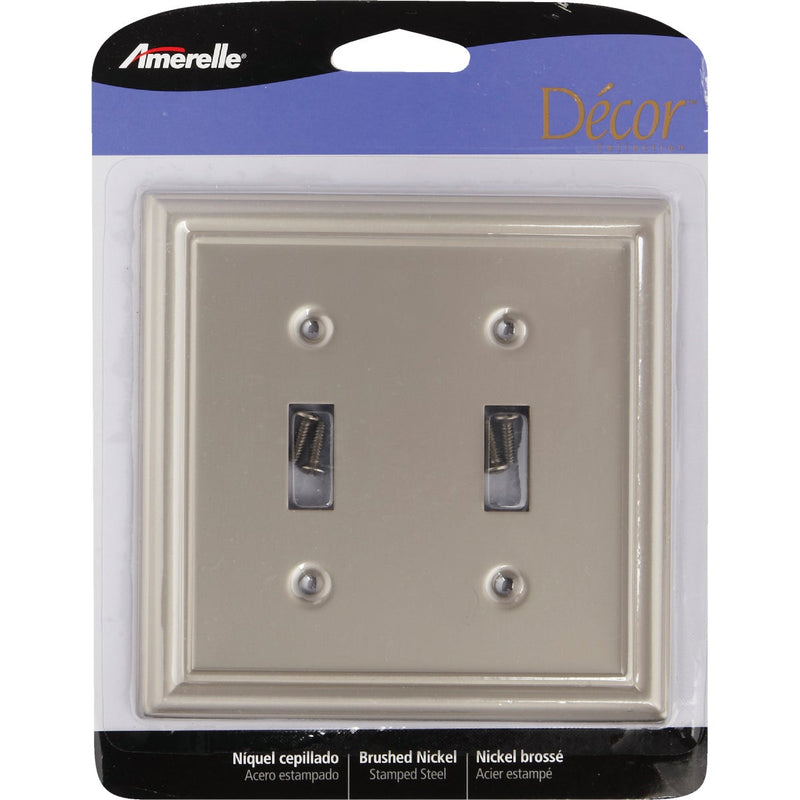 Amerelle Chelsea 2-Gang Stamped Steel Toggle Switch Wall Plate, Brushed Nickel