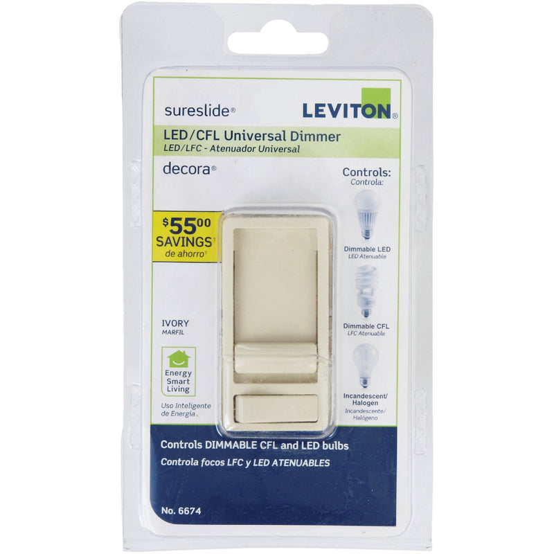 Leviton Decora Incandescent/LED/CFL Ivory Slide Dimmer Switch