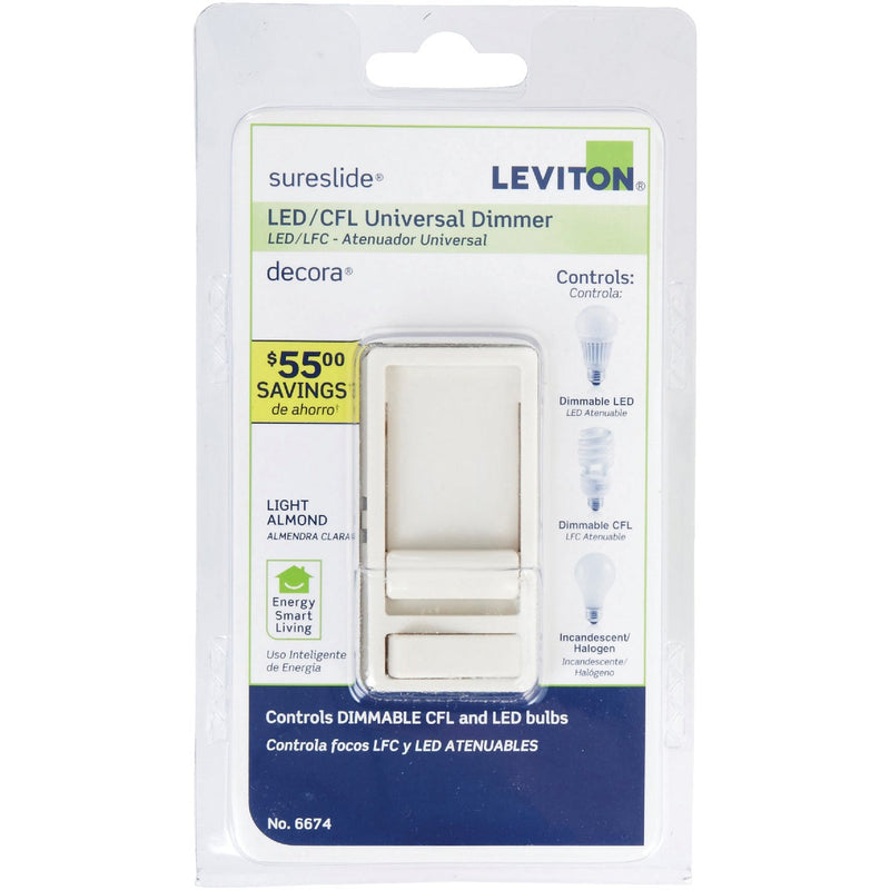 Leviton Decora Incandescent/LED/CFL Light Almond Slide Dimmer Switch