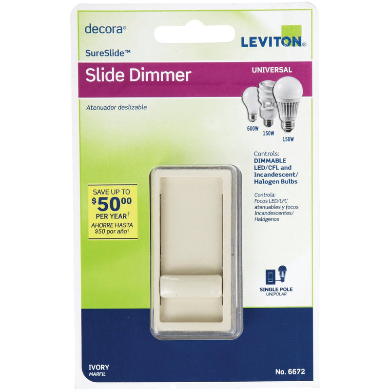 Leviton Decora Incandescent/Halogen/LED/CFL Ivory Slide Dimmer Switch