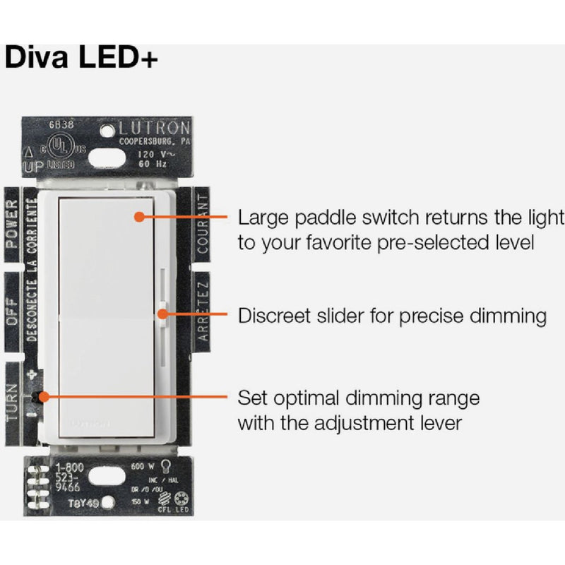 Lutron Diva Incandescent/Halogen/LED/CFL Ivory Slide Dimmer Switch