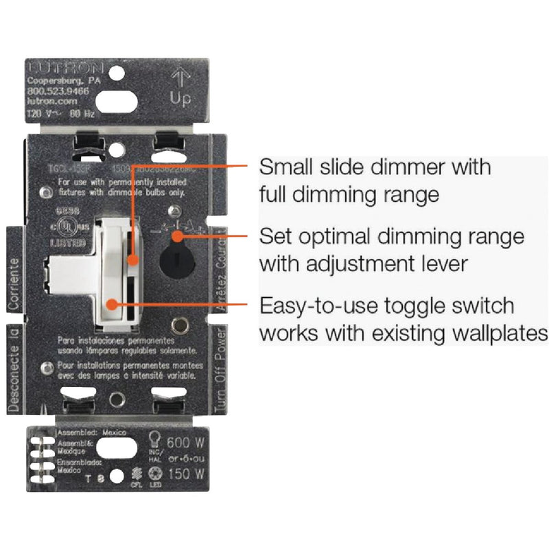 Lutron Toggler Incandescent/Halogen/LED/CFL Ivory Slide Dimmer Switch