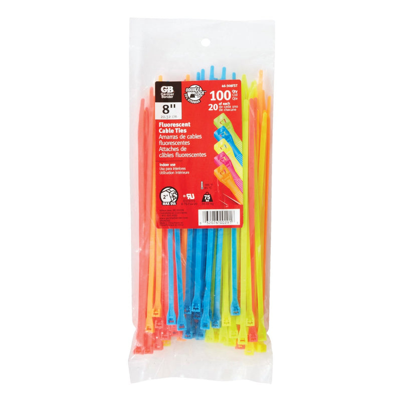 Gardner Bender DoubleLock 8 In. x 0.17 In. Neon Colors Nylon Cable Tie (100-Pack)