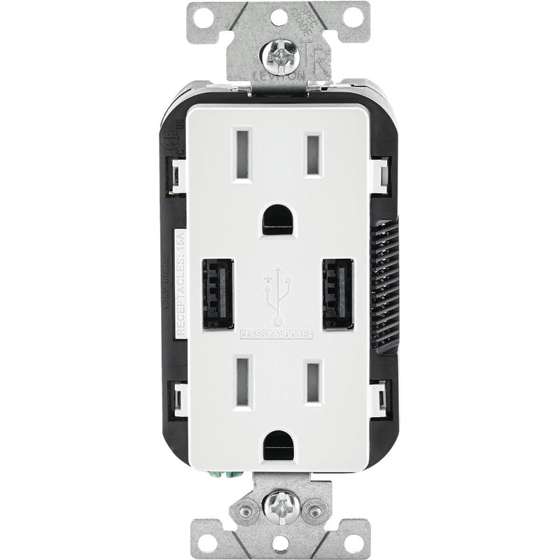 Leviton Decora 3.6A 5V White 2-Port USB Charging Outlet with 5-15R Tamper Resistant Duplex Outlet