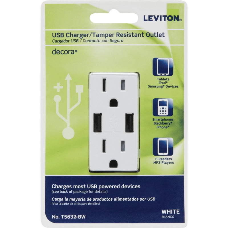 Leviton Decora 3.6A 5V White 2-Port USB Charging Outlet with 5-15R Tamper Resistant Duplex Outlet