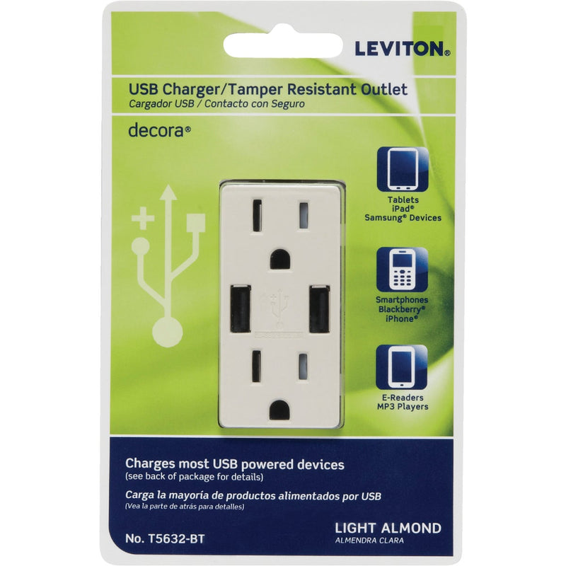 Leviton Decora 3.6A 5V Light Almond 2-Port USB Charging Outlet with 5-15R Tamper Resistant Duplex Outlet