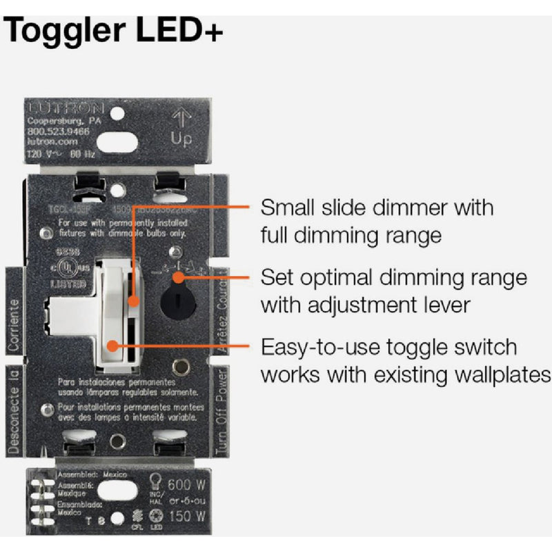 Lutron Toggler Incandescent/Halogen/LED/CFL Light Almond Slide Dimmer Switch