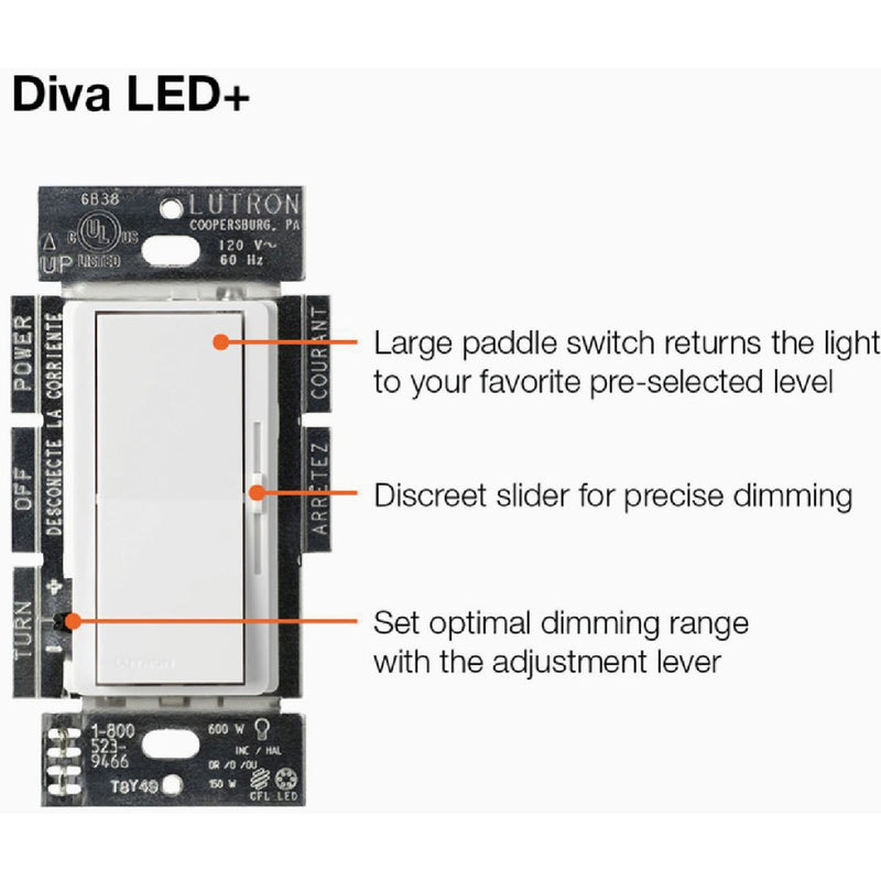 Lutron Diva Incandescent/Halogen/LED/CFL Light Almond Slide Dimmer Switch