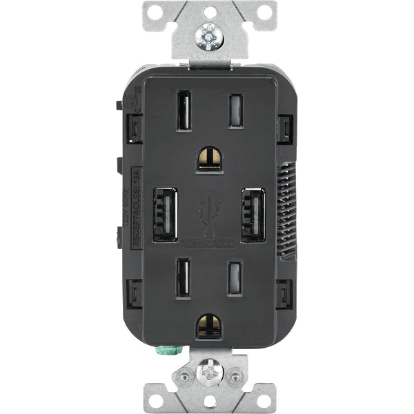 Leviton Decora 3.6A 5V Black 2-Port USB Charging Outlet with 5-15R Tamper Resistant Duplex Outlet