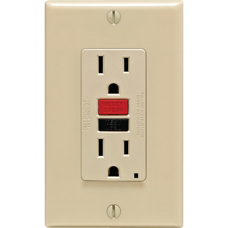 Leviton SmartlockPro Self-Test 15A Ivory Residential Grade 5-15R GFCI Outlet with Wall Plate