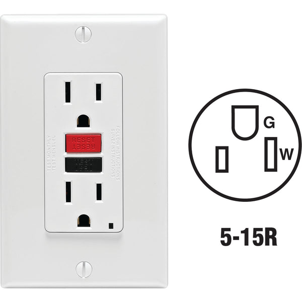 Leviton SmartlockPro Self-Test 15A White Residential Grade 5-15R GFCI Outlet with Wall Plate