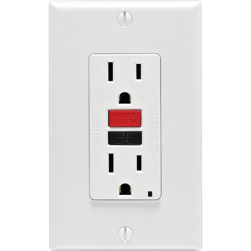 Leviton SmartlockPro Self-Test 15A White Residential Grade 5-15R GFCI Outlet with Wall Plate