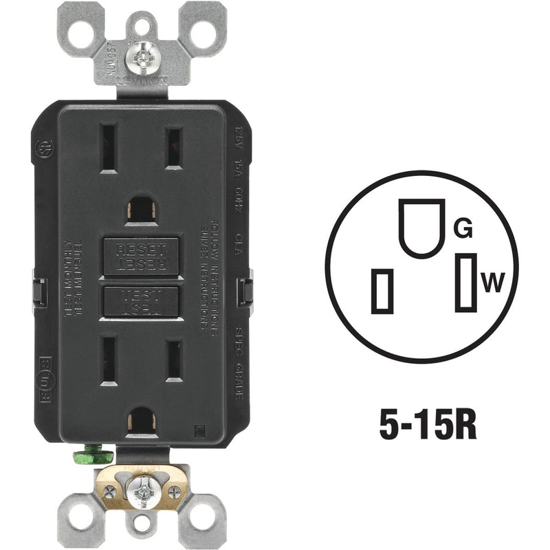 Leviton SmartlockPro Self-Test 15A Black Residential Grade Rounded Corner 5-15R GFCI Outlet