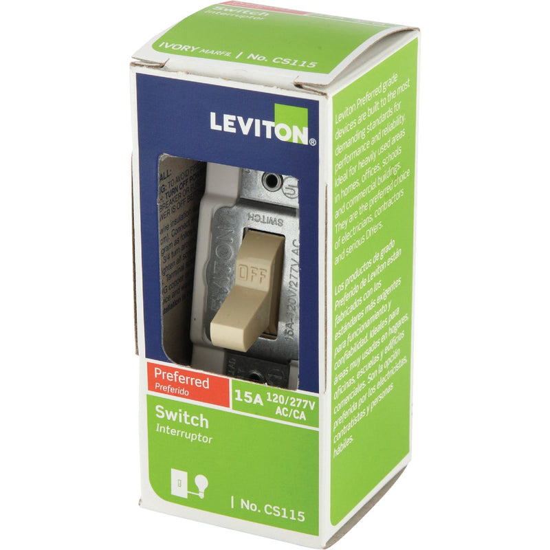 Leviton Commercial Grade 15 Amp Toggle Single Pole Switch, Ivory