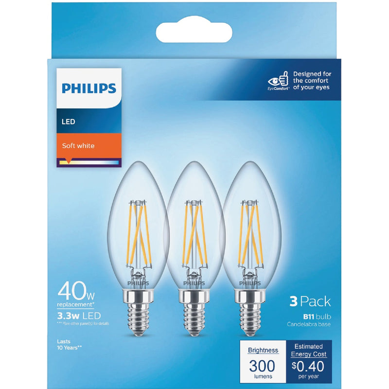 Philips 40W Equivalent Soft White B11 Candelabra Clear LED Decorative Light Bulb (3-Pack)