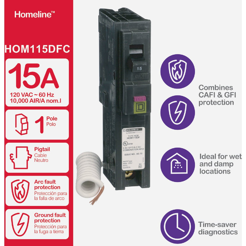 Square D Homeline 15A Single-Pole CAFCI Dual Function Circuit Breaker