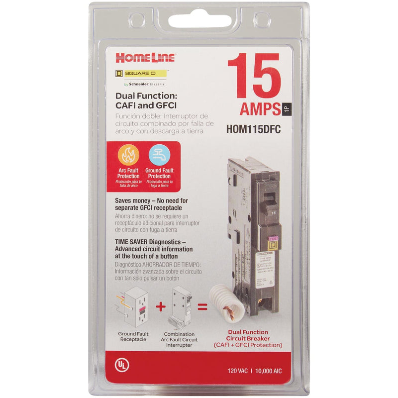 Square D Homeline 15A Single-Pole CAFCI Dual Function Circuit Breaker