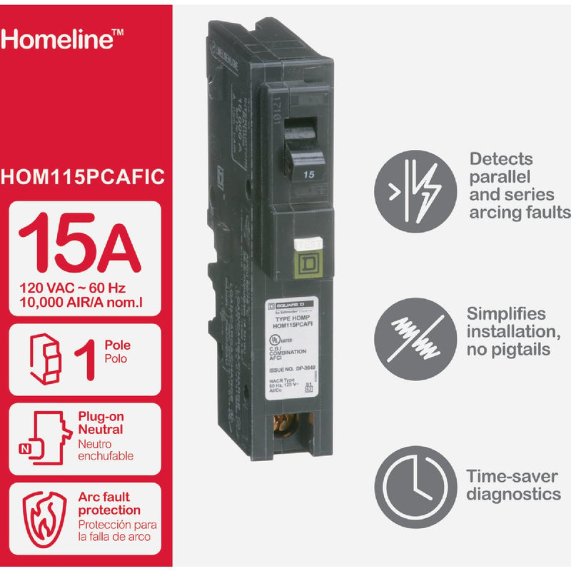 Square D Homeline 15A Single-Pole CAFCI Plug-On Neutral Combination Arc Fault Breaker