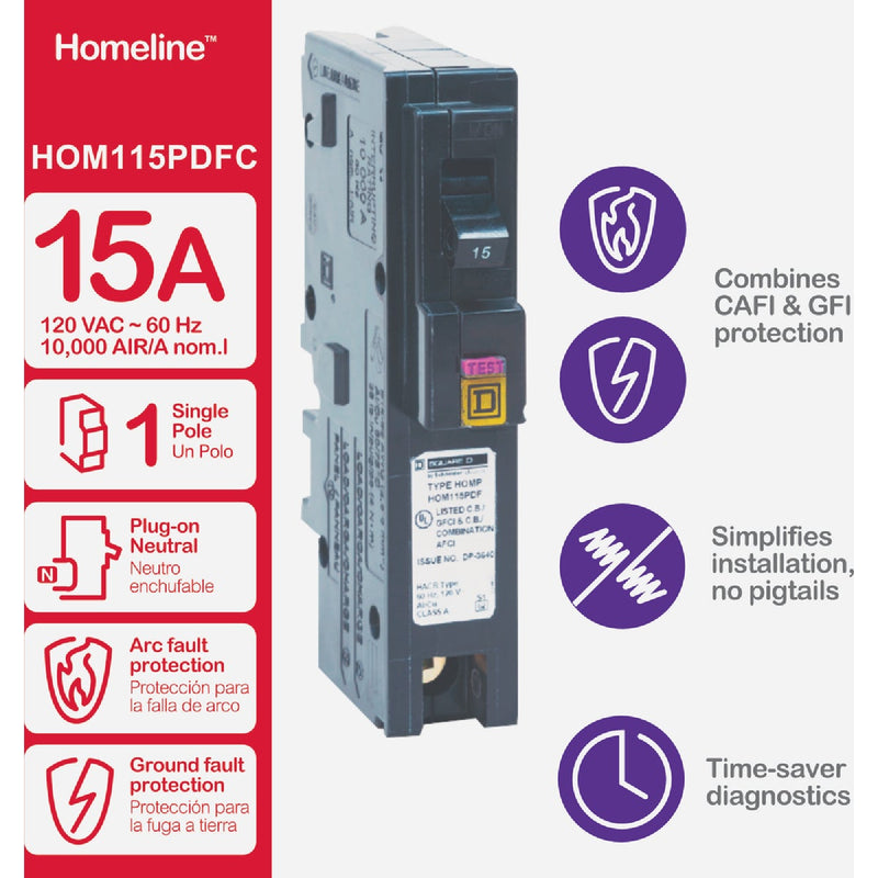 Square D Homeline 15A Single-Pole CAFCI Plug-On Neutral Dual Function Circuit Breaker