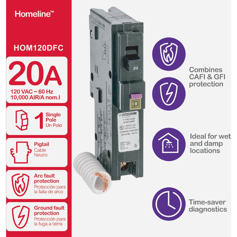 Square D Homeline 20A Single-Pole CAFCI Dual Function Circuit Breaker