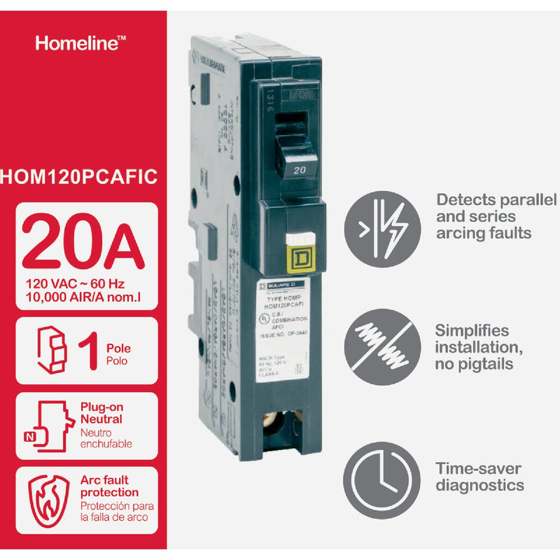 Square D Homeline 20A Single-Pole CAFCI Plug-On Neutral Combination Arc Fault Breaker