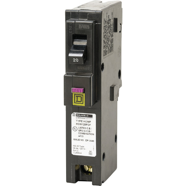 Square D Homeline 20A Single-Pole CAFCI Plug-On Neutral Dual Function Circuit Breaker